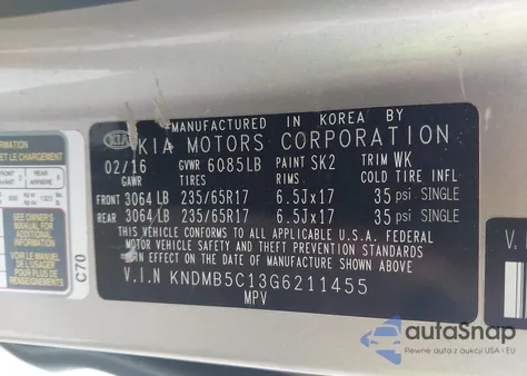 2016 Kia Sedona Lx z USA, uszkodzony, nr VIN KNDMB5C13G6211455